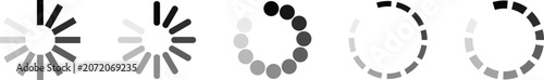 Collection of five circular loading or progress indicator icons in grayscale and black and white