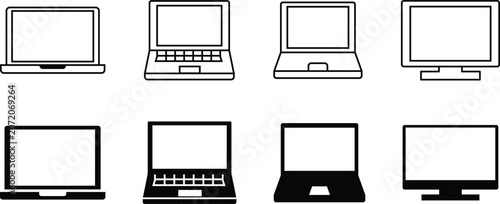 Eight black and white icons representing laptops and desktop computer monitors