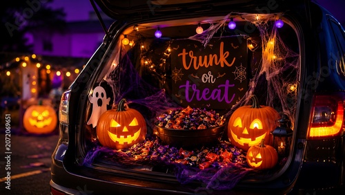 Trunk or treat car trunk decorated with pumpkins and candy.