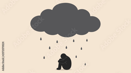 Sad faceless silhouette sitting curled up alone under a dark raining cloud representing depression anxiety loneliness mental health struggles and emotional hardship flat vector illustration