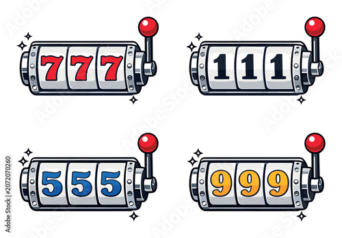 Lucky slot machines showing 777, 111, 555, and 999 winning combinations, representing jackpot, gambling, and success
