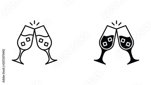 Foto Two clinking champagne glasses with ice cubes vector icon set in outline and sol