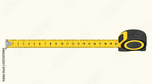 A flat vector illustration of a yellow measuring tape unrolled and extended to display incremental markings on a cream background for commercial use.