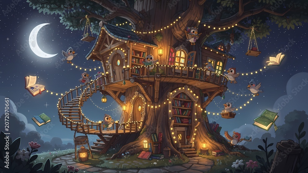 Fototapeta premium Whimsical treehouse library at night, adorned with glowing string lights and lanterns, where adorable cartoon birds read and carry magical floating books under a bright crescent moon and starry sky.