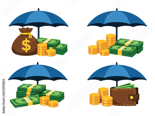 Blue umbrella shields cash, coins and a wallet, protecting money