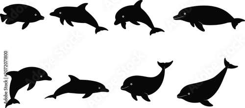 Konstfotografi Cute dolphin silhouette collection, marine animal vector illustration, sea life