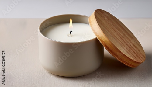 a minimalist shot of a luxury soy wax candle in a matte ceramic holder with a wooden lid