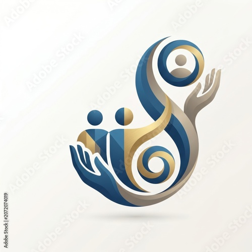 Abstract family care icon with hand protecting people logo on white background