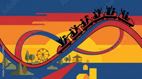 Roller coaster silhouette with people at amusement park banner background