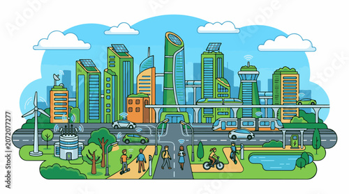 A futuristic city with green energy smart transport and connected citizens
