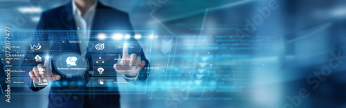Konstfotografi Data strategist reviewing charts using hands exploring massive Business Intelligence metrics on a dynamic virtual screen forecasting market trends