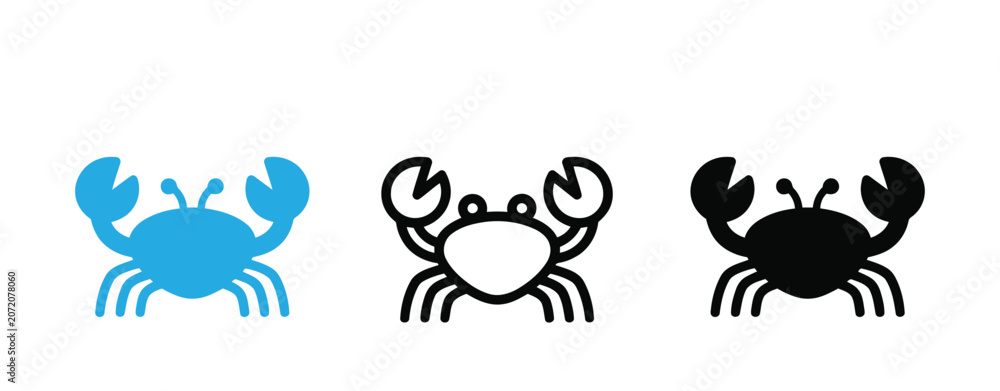 Obraz premium Crab icons in blue and black on white background for seafood or ocean theme vector illustration .