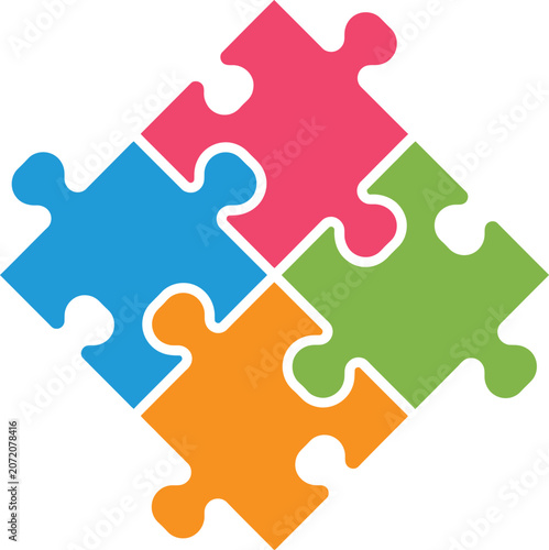 Colorful puzzle pieces fitting together forming a cohesive shape isolated on transparent background