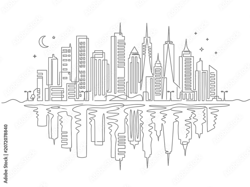 Fototapeta premium Continuous single line drawing of modern city skyline with reflection.