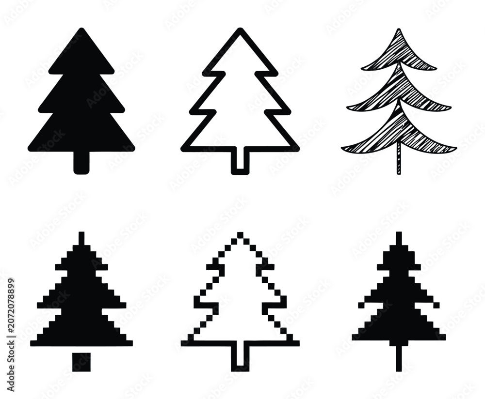 Obraz premium A collection of six diverse pine tree featuring solid, outlined, hand-drawn, and pixel styles