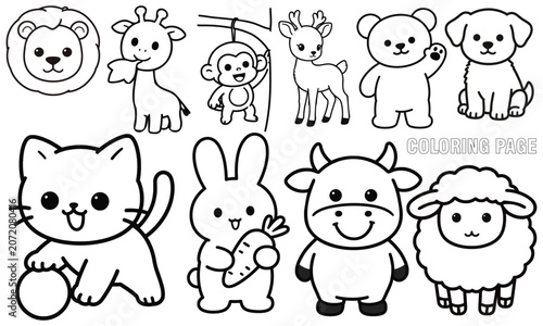 Cute cartoon animals coloring page set for kids vector illustration