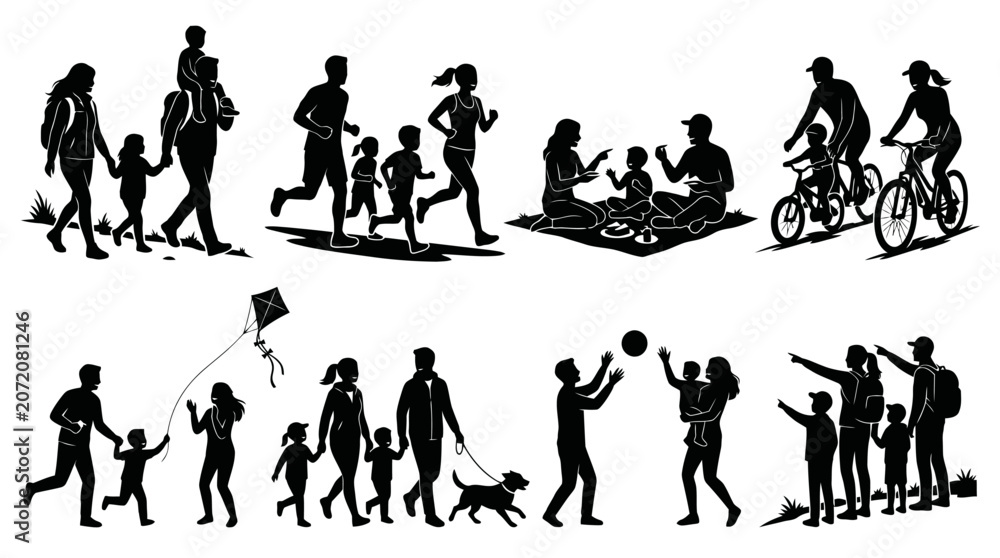 Obraz premium Collection of minimalist family activity silhouettes featuring people walking running cycling having a picnic flying a kite and playing sports with white outlines