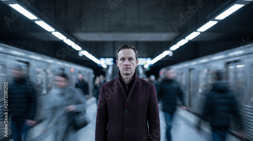 Middle-aged caucasian man standing still in busy subway station surrounded by motion-blurred commuters, solitude and urban isolation concept.