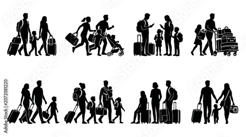Collection of diverse family silhouettes traveling with luggage, suitcases, and strollers, depicting a global vacation journey, airport departure, and tourism.