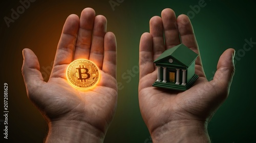 Hands holding glowing digital currency coin versus miniature bank building representing the shift from traditional finance to decentralized blockchain cryptocurrency