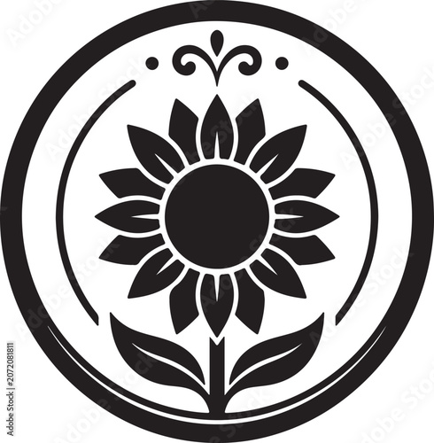Elegant sunflower emblem icon featuring a stylized floral design within a circular decorative badge. Clean black silhouette with symmetrical petals, ornamental accents, and botanical leaves. Perfect .