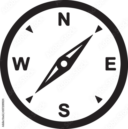 Minimalist compass navigation icon featuring a directional needle with cardinal points North, East, South, and West inside a circular frame. Clean black silhouette vector ideal for GPS applications.