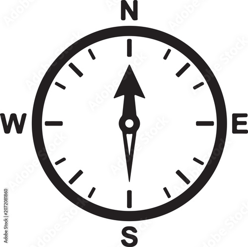 Modern compass navigation icon featuring a directional needle, cardinal direction markers (N, E, S, W), and circular dial with measurement ticks. Clean black silhouette vector design ideal for travel.