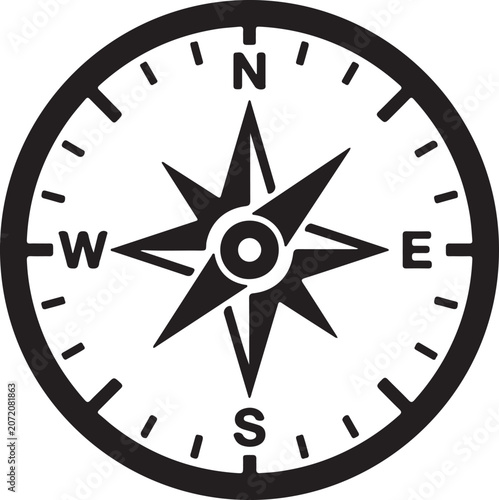 Premium adventure compass rose icon featuring an eight-point directional star, cardinal direction markers, and detailed navigation dial. Bold black silhouette vector design perfect for travel brands.