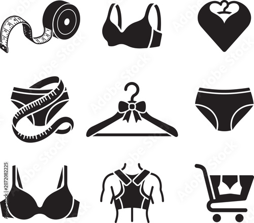 Set of black underwear icons including bras panties measuring tape hanger shopping cart
