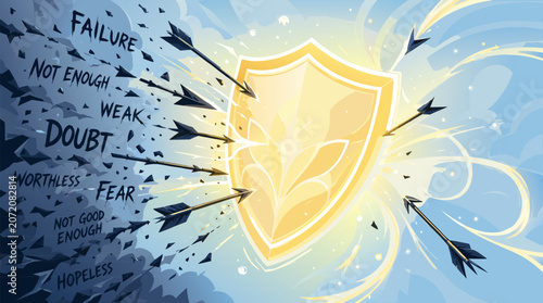 Glowing shield deflecting arrows and negative thoughts in a clean flat vector illustration on a light background, ideal for resilience or mental health campaigns.