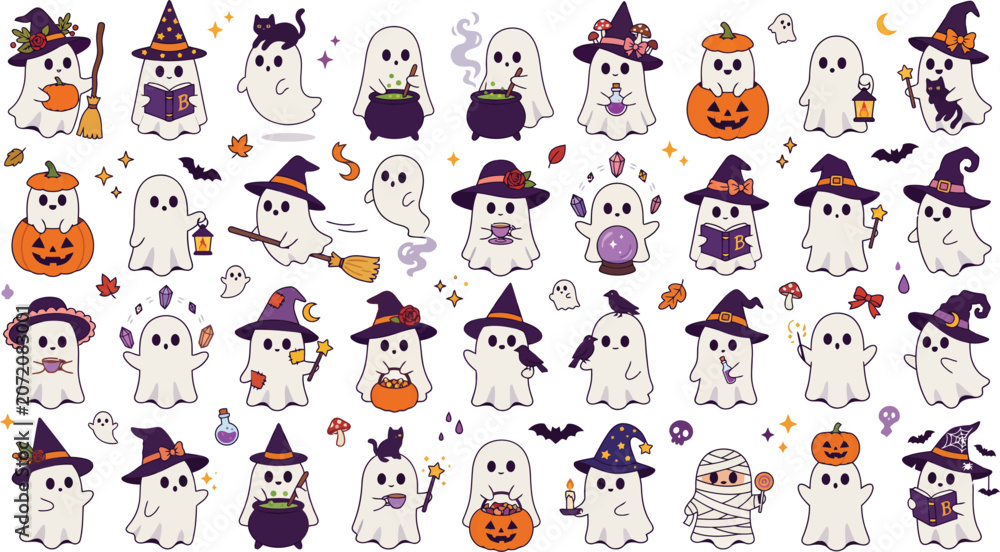 Fototapeta premium A collection of cute cartoon ghosts wearing witch hats and holding pumpkins or magic wands for a fun and spooky halloween celebration design