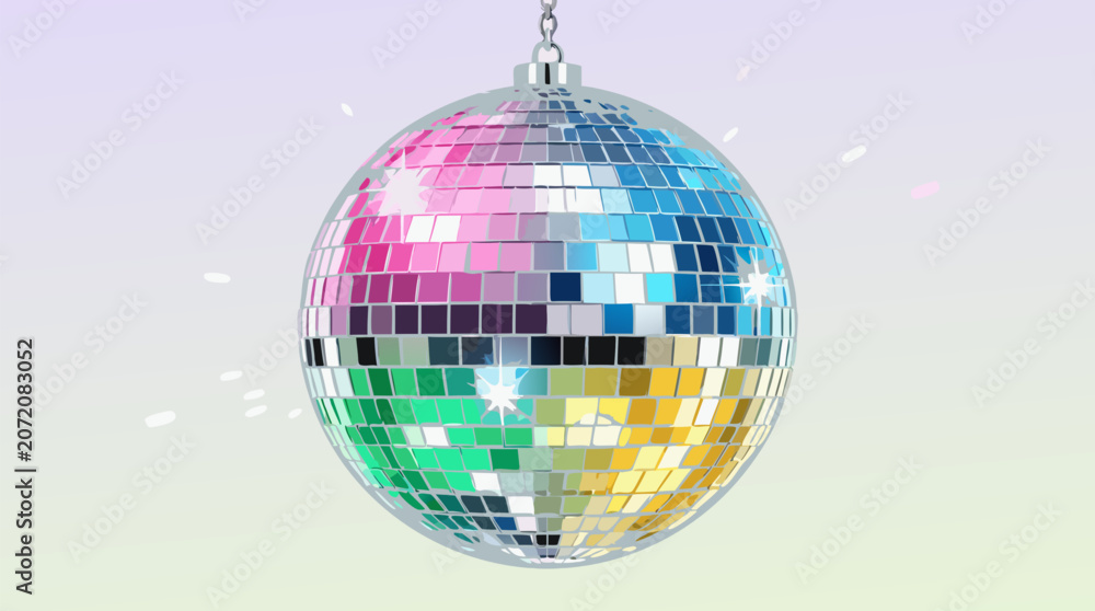 Fototapeta premium Clean flat vector illustration of a colorful mirrored disco ball on a light pastel background, ideal for party flyers, nightclub posters, music events, and celebration banners.