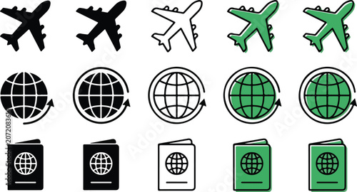 Set of travel icons featuring airplanes globes and passports in various color styles for web design projects