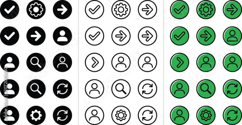 Set of user interface icons showing various action symbols and user profile options in three color variations