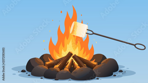 A marshmallow on a roasting stick held over a glowing campfire surrounded by stones shown as a flat vector illustration on a blue background, ideal for camping gear promotions, outdoor adventure brand