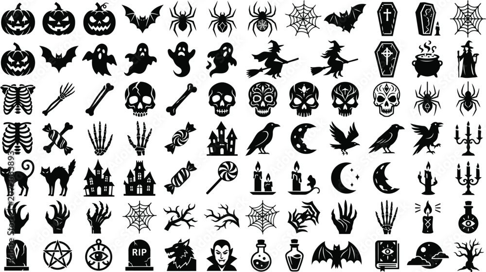 Obraz premium A large collection of black silhouette icons for halloween featuring pumpkins skulls ghosts bats cats witches and various spooky holiday themed elements