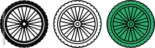 Three bicycle wheel designs with different tire styles isolated on transparent background for graphic use