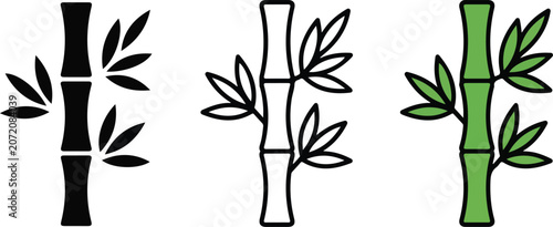 Three stylized bamboo plant illustrations with leaves in different artistic styles for nature design projects