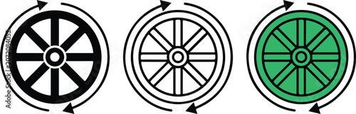 Three Spoked Wheel Icons Showing Rotation Direction with Different Fill Styles Isolated Design