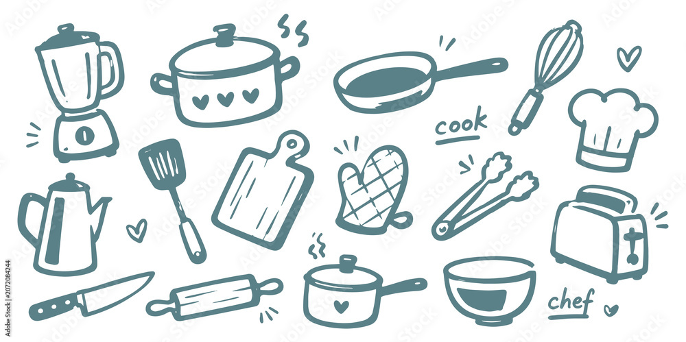 Naklejka premium Kitchen Cooking Doodle Set Vector Illustration