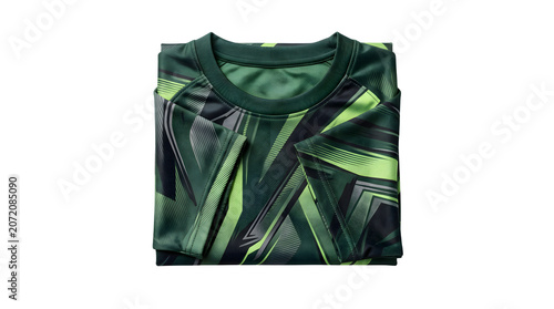 Folded green sports jersey with geometric pattern, athletic performance t-shirt on white background, moisture-wicking soccer shirt mockup
