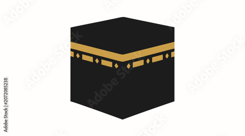 A simple black cube draped in the gold-banded kiswah cloth representing the Holy Kaaba in Mecca shown as a flat vector illustration on a cream background, suitable for Islamic educational content, haj