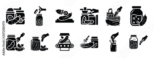Foto pickle processing silhouette icon set, black color and white background