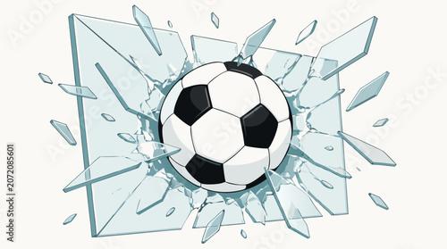 A classic black and white soccer ball smashing through a glass pane and sending shards flying outward shown as a flat vector illustration on a light background, ideal for soccer sports brand advertisi