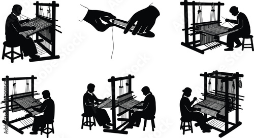 Silhouette illustration of traditional handloom weaving process, artisan crafting fabric on loom, textile production, craftsmanship, and handmade cloth industry art