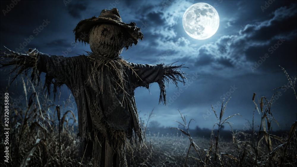 Fototapeta premium Scary scarecrow in cornfield under full moon. Creepy Halloween character in dark field at night. Sinister harvest guardian for holiday celebration and spooky horror atmosphere theme.