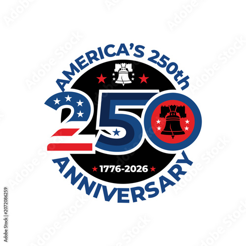 America 250th anniversary logo vector template with liberty bell and US flag numbers USA sesquicentennial 1776 to 2026 celebration patriotic emblem isolated on white background