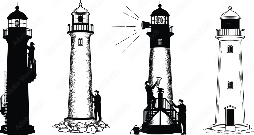 Obraz premium Lighthouse keepers maintaining lamps and cleaning towers, vintage nautical illustration of maritime safety beacons, coastal navigation and seafaring heritage art