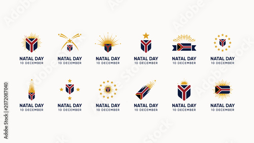 Foto Set of south african natal day commemorative emblems with flags and golden star elements