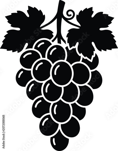 Photography Black silhouette of a bunch of grapes with leaves